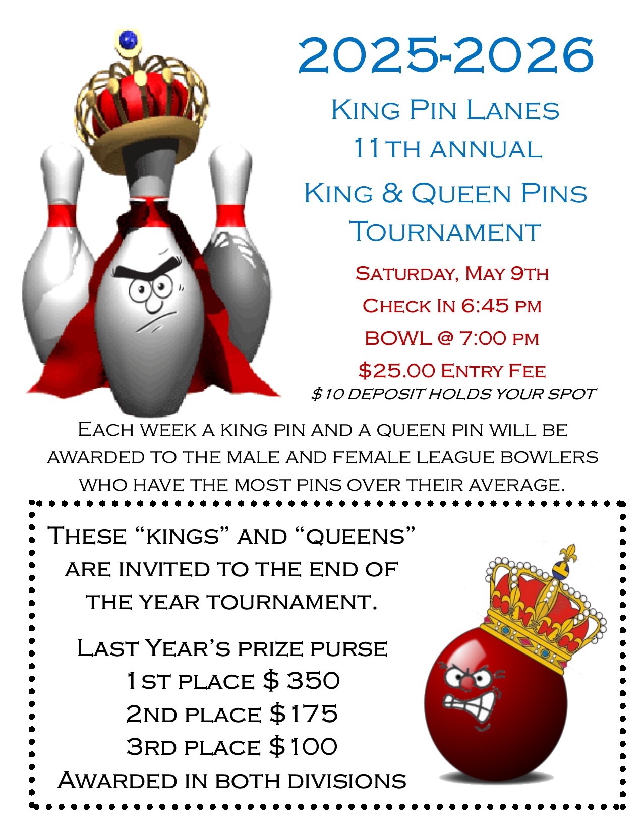 king & queen pins tournament flyer